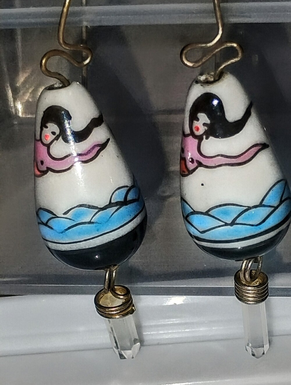 Vintage Hand-Painted Ceramic Mermaid And Quartz Crystal Point Dangle Earrings